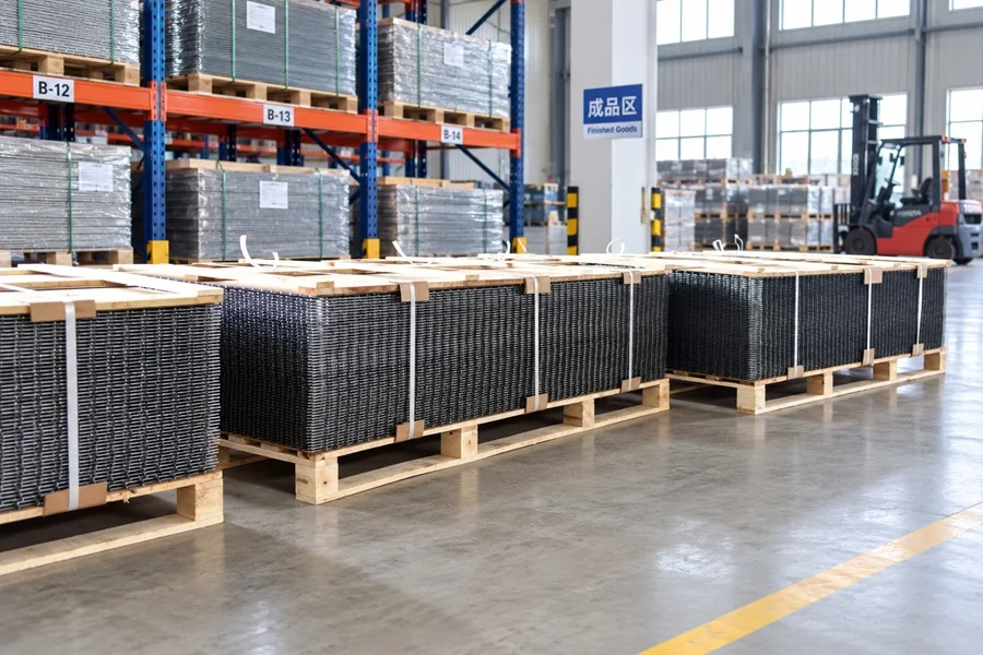Finished fence panels stored and prepared at Yishuo factory